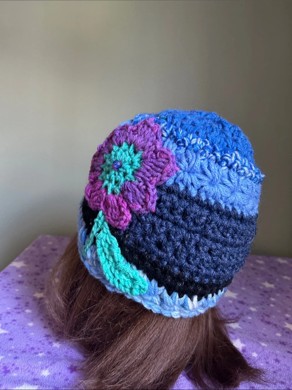 Crocheted Blue & Purple Flower Beanie medium acrylic beanie